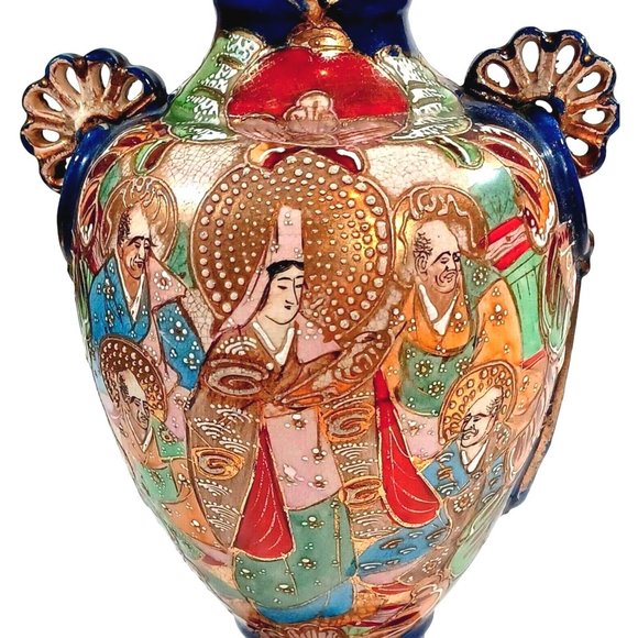 Antique Famille Immortals Japanese Satsuma Moriage Cobalt Blue Vase 12" Vintage - Picture 3 of 9